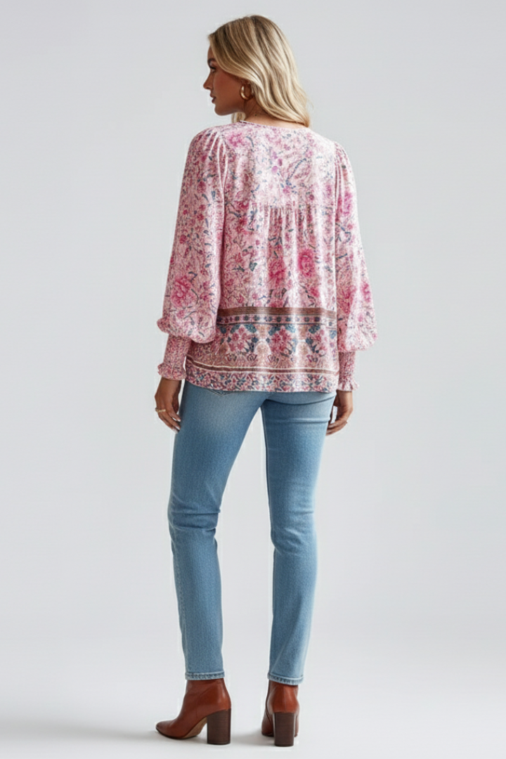 Versatile women's floral long sleeve blouse. Casual V-neck top for spring & summer outfits.