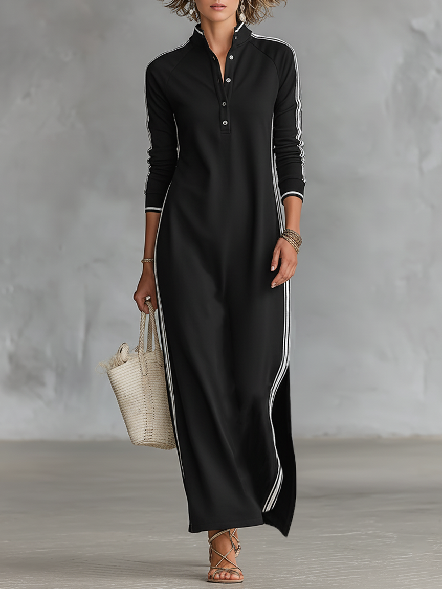 Women's long sleeve maxi dress with stand collar, contrast trim, and button placket for casual style.