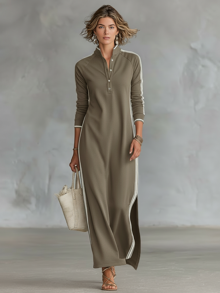 Stylish women's casual maxi dress, long sleeve, stand collar, contrast trim, offering sporty chic.