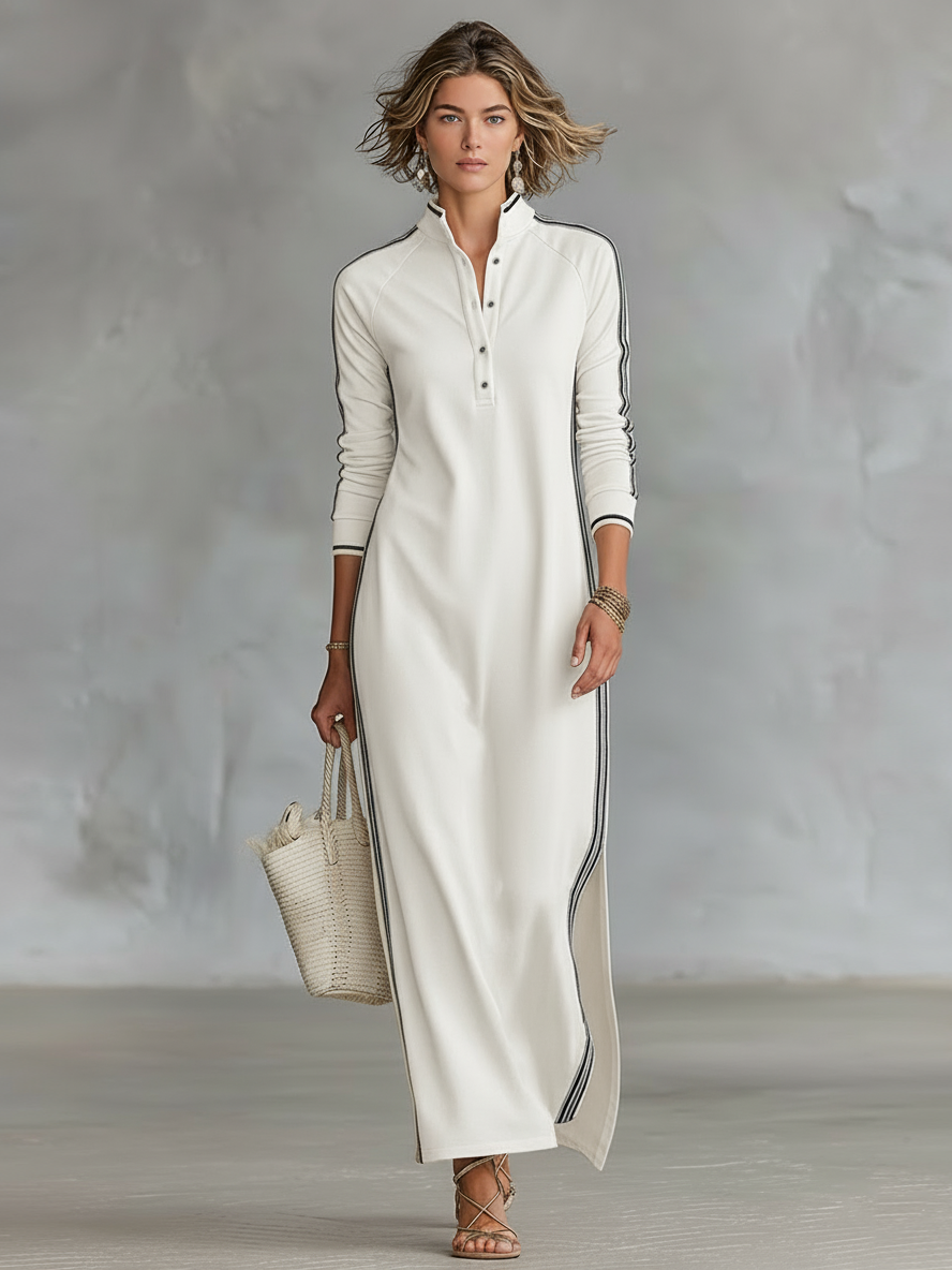 Versatile long sleeve women's maxi dress with stand collar and contrast trim for various casual occasions.
