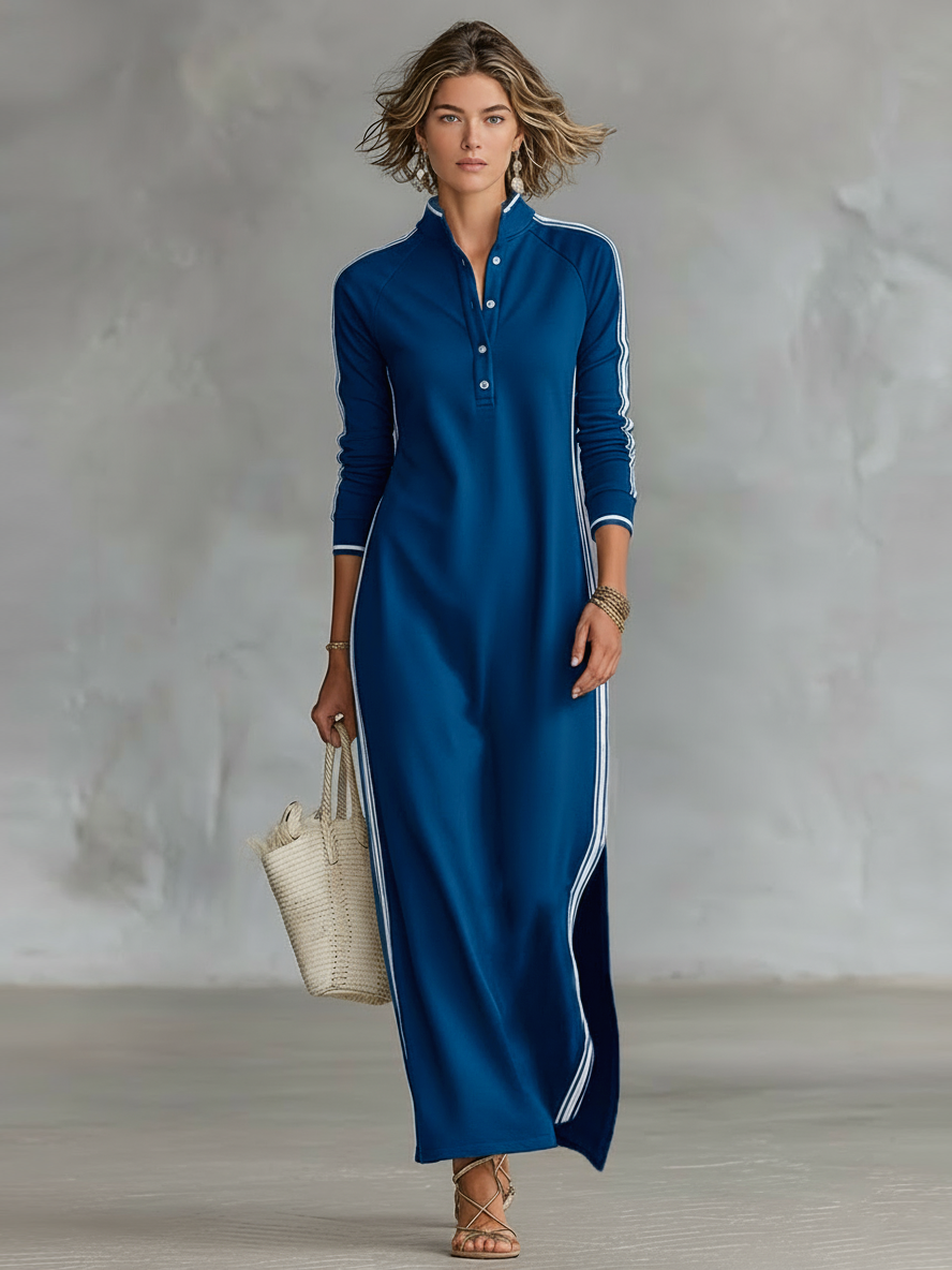 Women's maxi dress featuring a stand collar, long sleeves, and elegant contrast trim for a chic look.