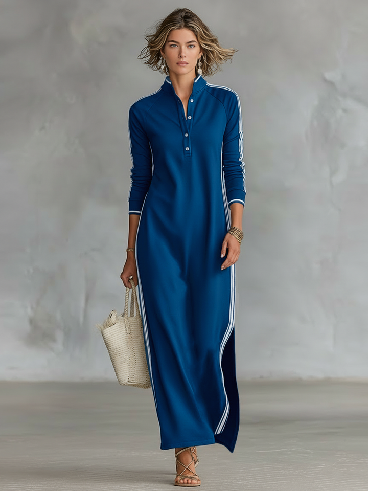 Women's maxi dress featuring a stand collar, long sleeves, and elegant contrast trim for a chic look.