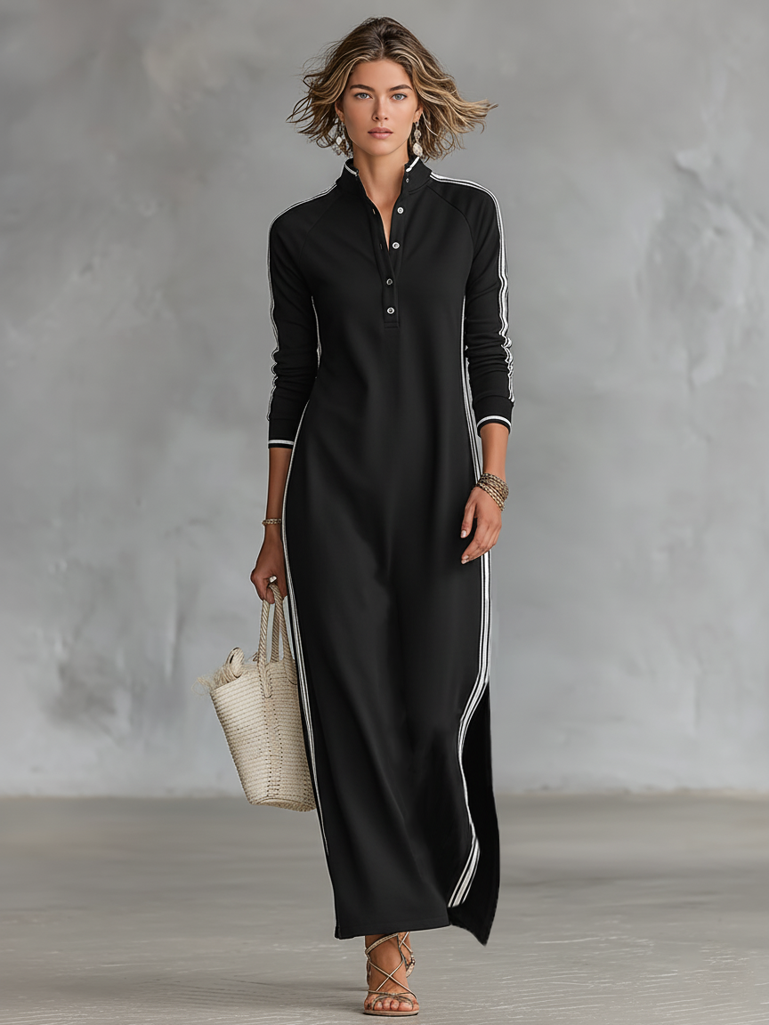 Sporty chic women's long sleeve maxi dress with stand collar, contrast trim, and relaxed fit for casual days.