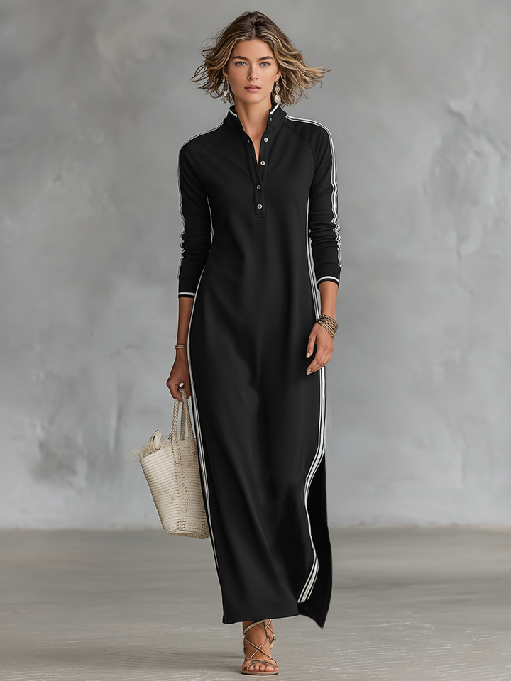 Sporty chic women's long sleeve maxi dress with stand collar, contrast trim, and relaxed fit for casual days.