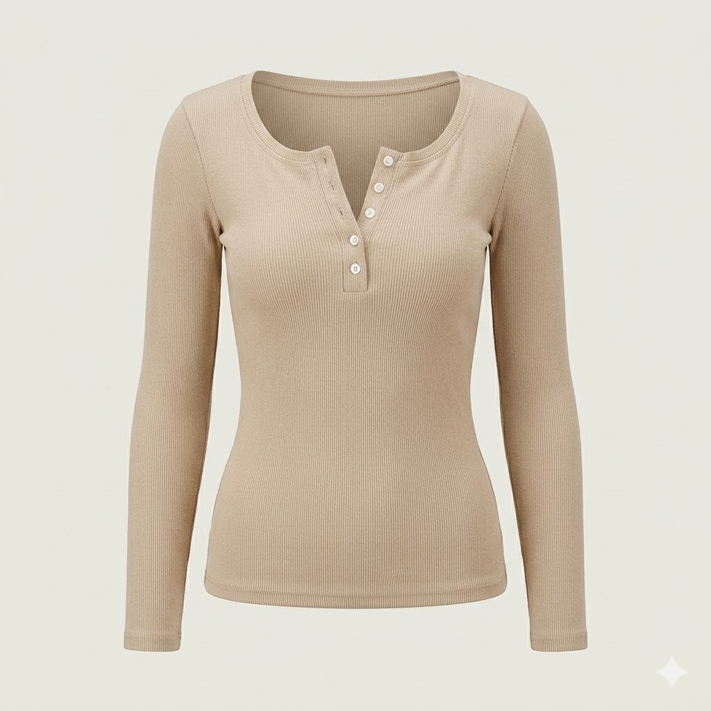 Stylish women's ribbed long sleeve top, featuring a button-front design, perfect for everyday casual or workwear.