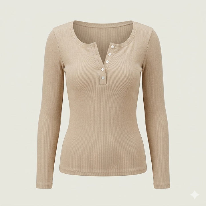 Stylish women's ribbed long sleeve top, featuring a button-front design, perfect for everyday casual or workwear.