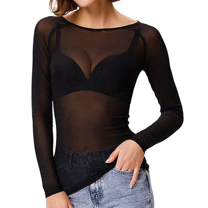 Women's long sleeve sheer mesh evening top with round neck for elegant party wear.