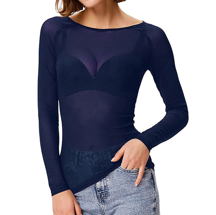 Elegant women's mesh long sleeve top with sheer details and round neck, ideal for evening wear.
