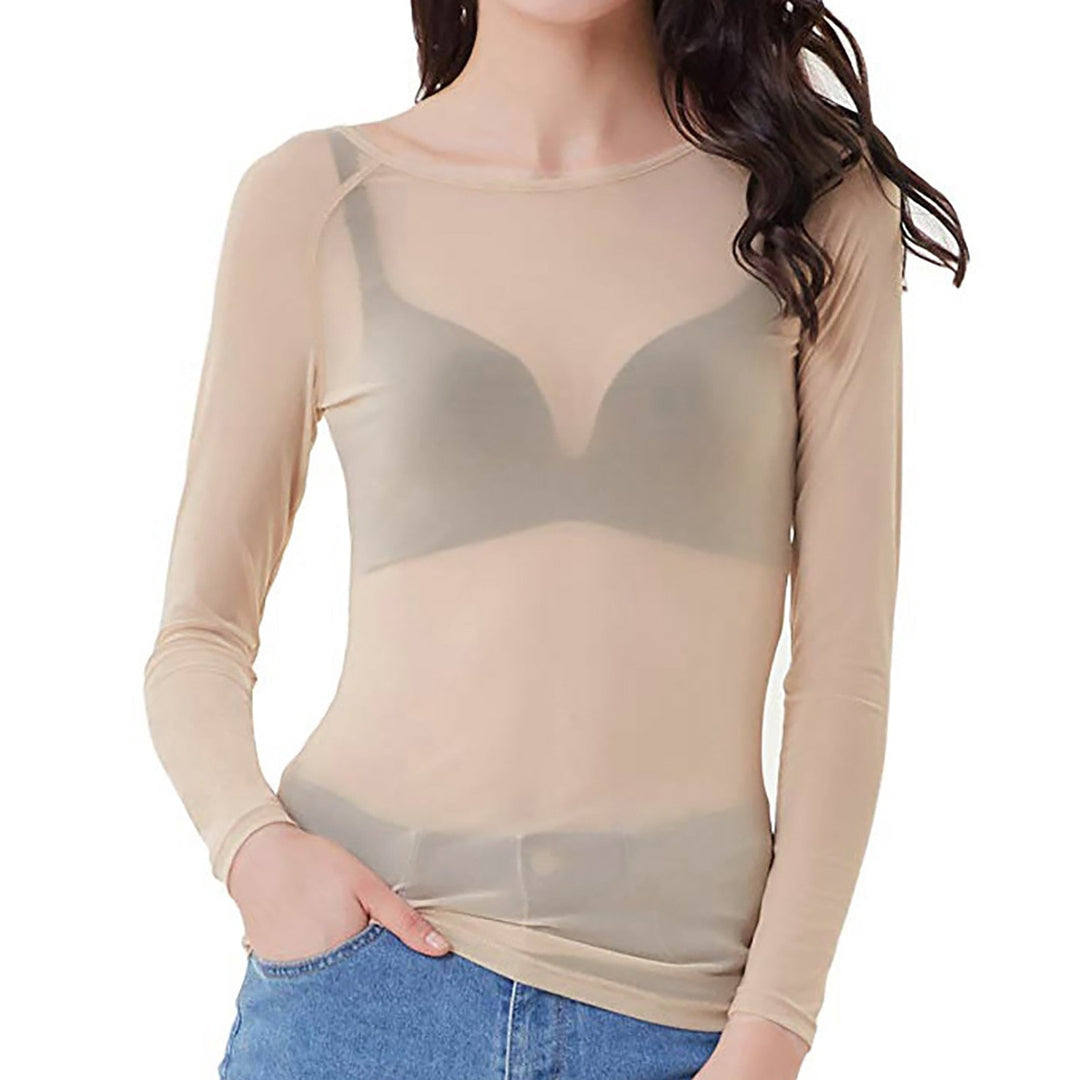 Fashionable women's sheer detail long sleeve top, a chic mesh evening top for sophisticated party wear.