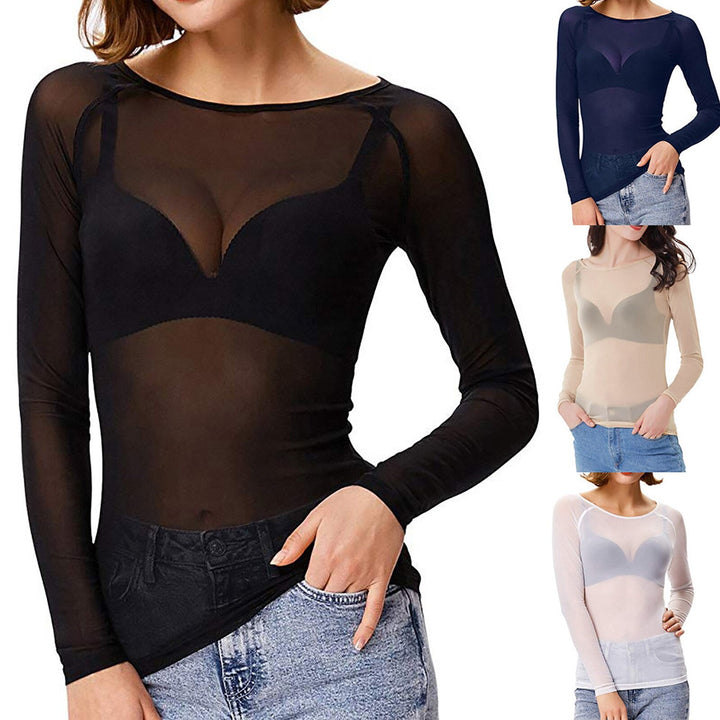 Sophisticated women's long sleeve sheer mesh top, an elegant round neck evening top for stylish night outs.