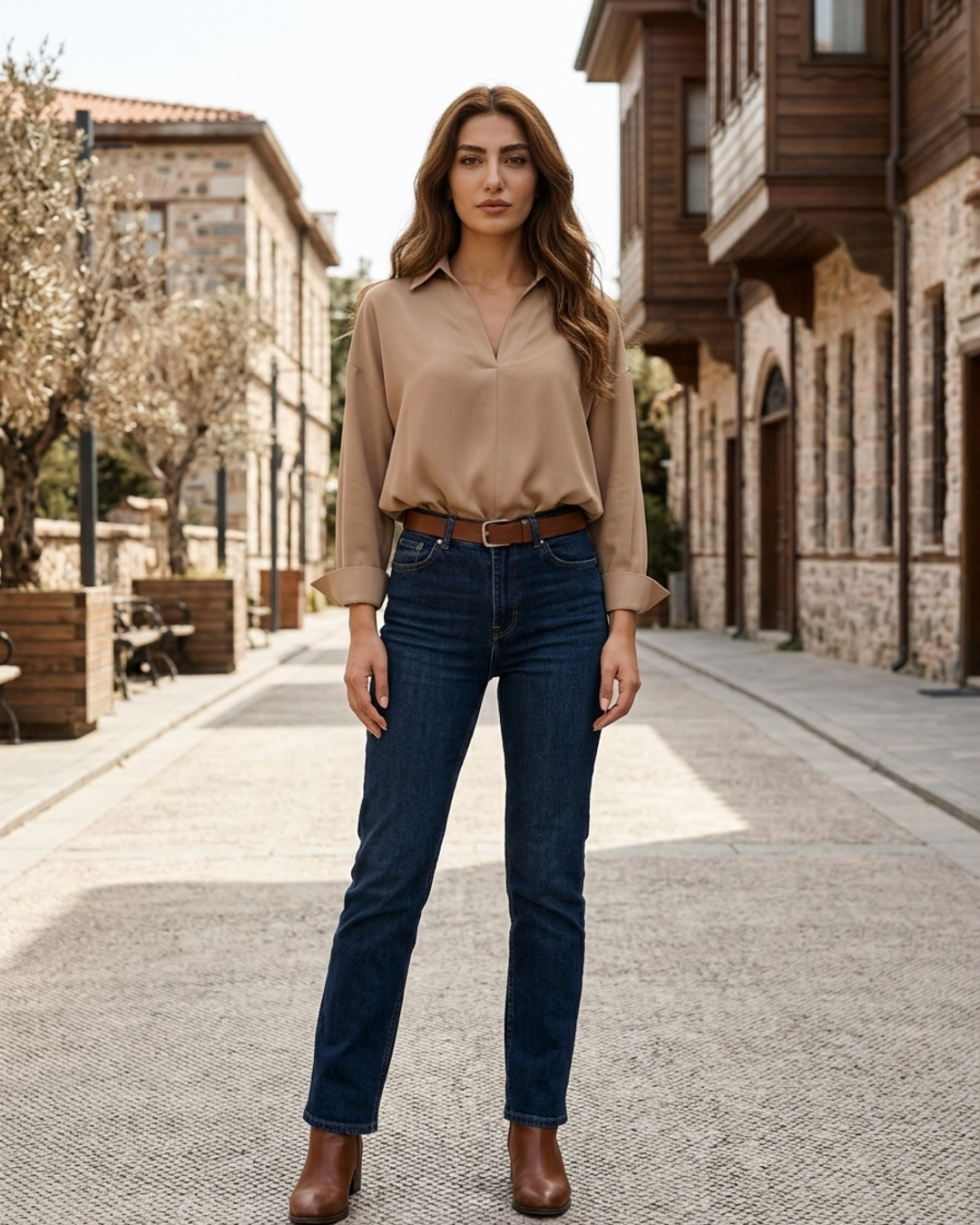 Chic women's long sleeve V-neck collared bodysuit, versatile for work or fashion. Professional blouse style.