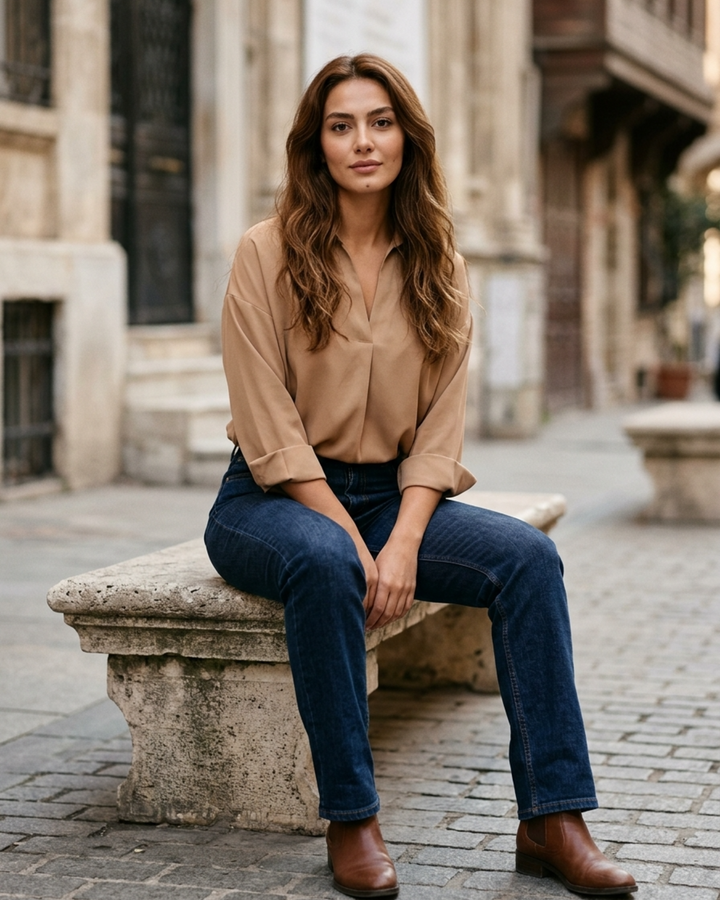 Women's long-sleeve V-neck collared blouse bodysuit. Chic, professional workwear shirt for an elegant look.