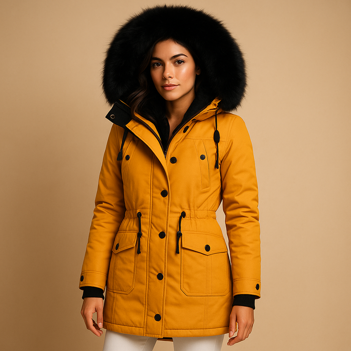 Women's long waterproof winter coat with a luxurious fur hood, perfect for elegant cold weather outerwear.