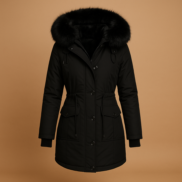 Stylish women's warm long waterproof winter jacket with a cozy fur hood for ultimate cold weather protection.