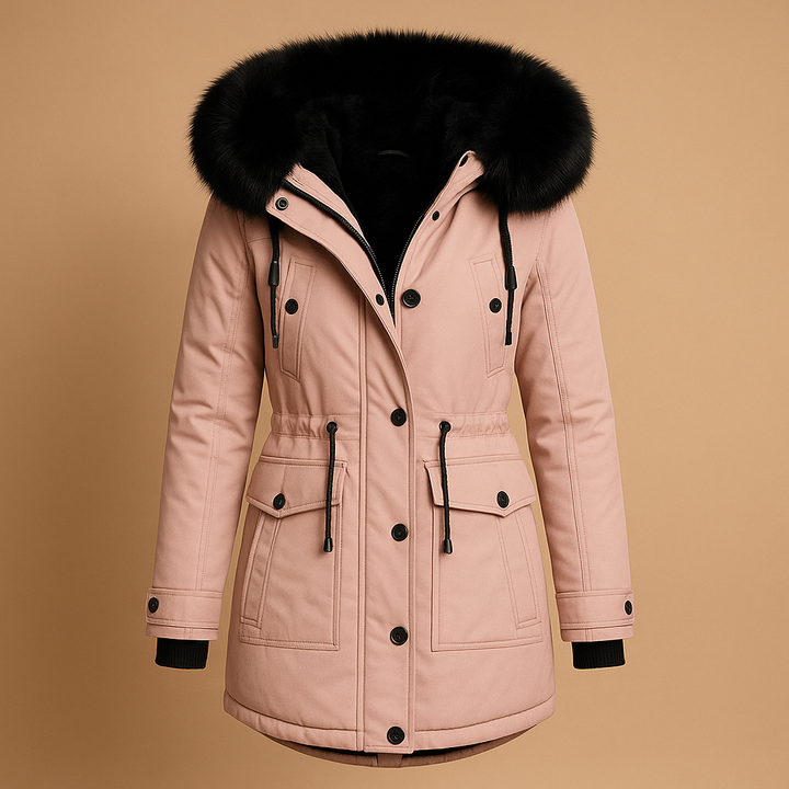 Elegant women's waterproof long winter coat, featuring a stylish fur hood, ideal for severe cold weather.