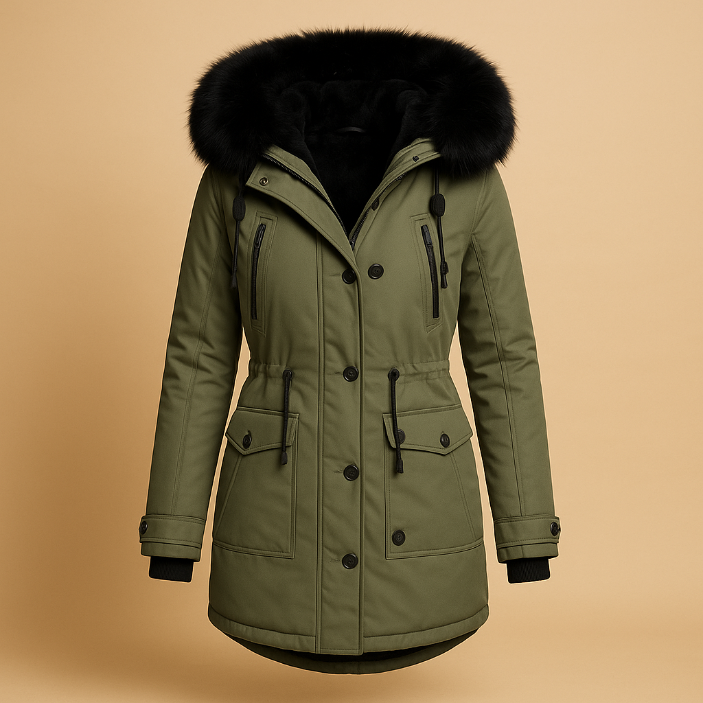 Warm women's long waterproof winter coat with a luxurious fur hood, excellent for snowy cold weather outerwear.