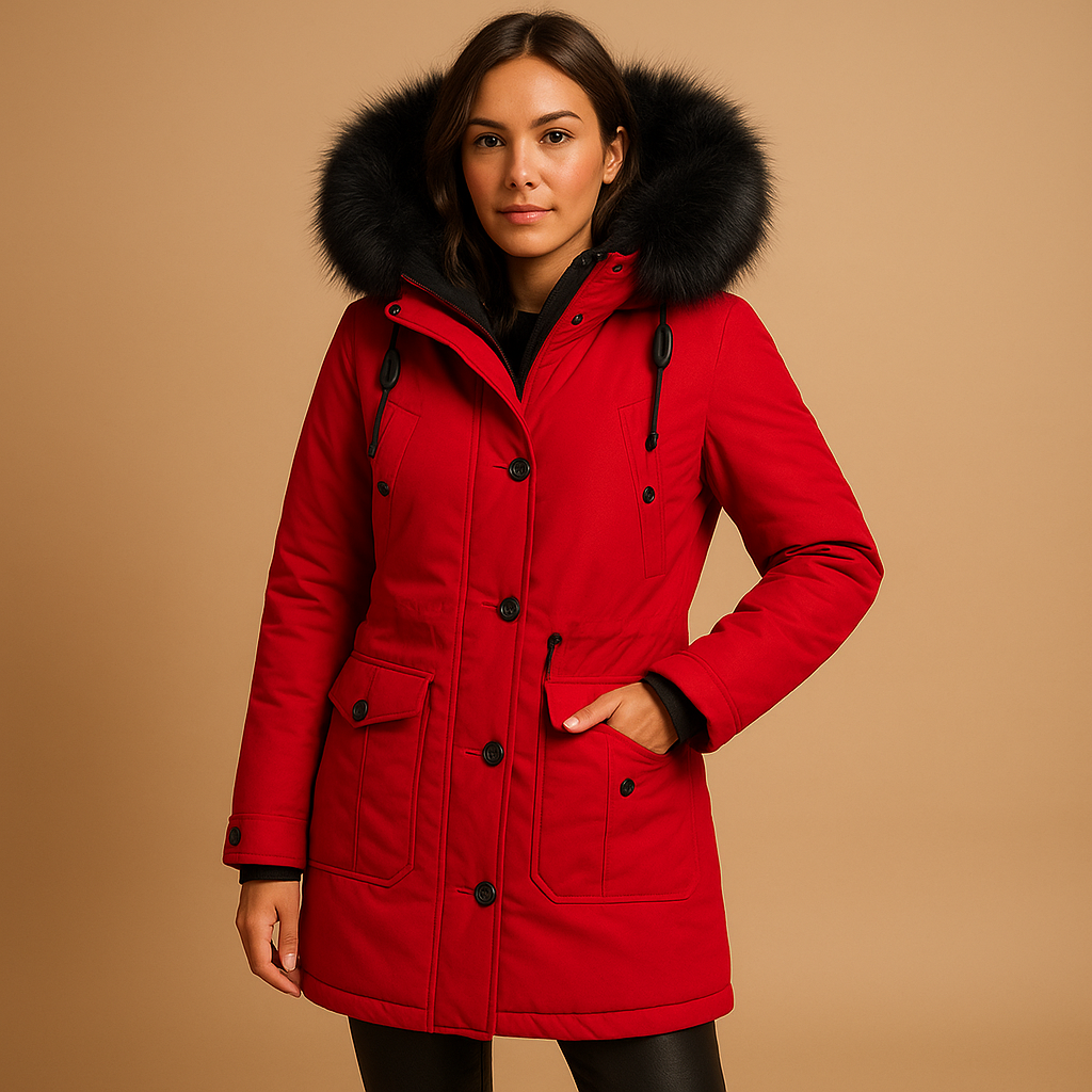 Women's elegant waterproof long winter coat with fur hood, designed for warmth and style in cold weather.
