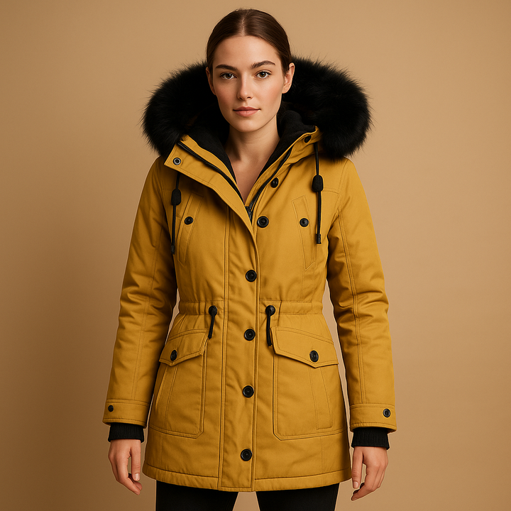 High-quality women's long waterproof winter jacket with a plush fur hood, ensuring warmth and protection from elements.