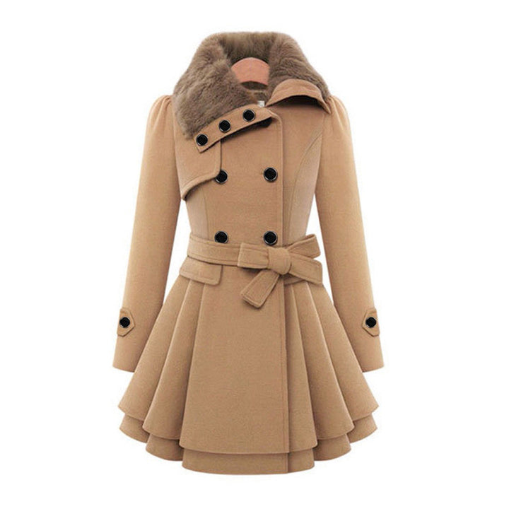 Women's long winter coat with a luxurious fur collar, tailored for an elegant fit.