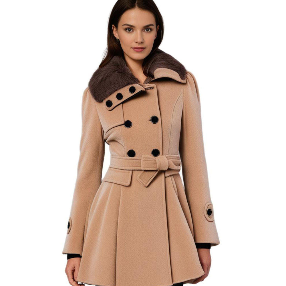Classic women's long tailored coat, featuring a stunning fur collar for any occasion.