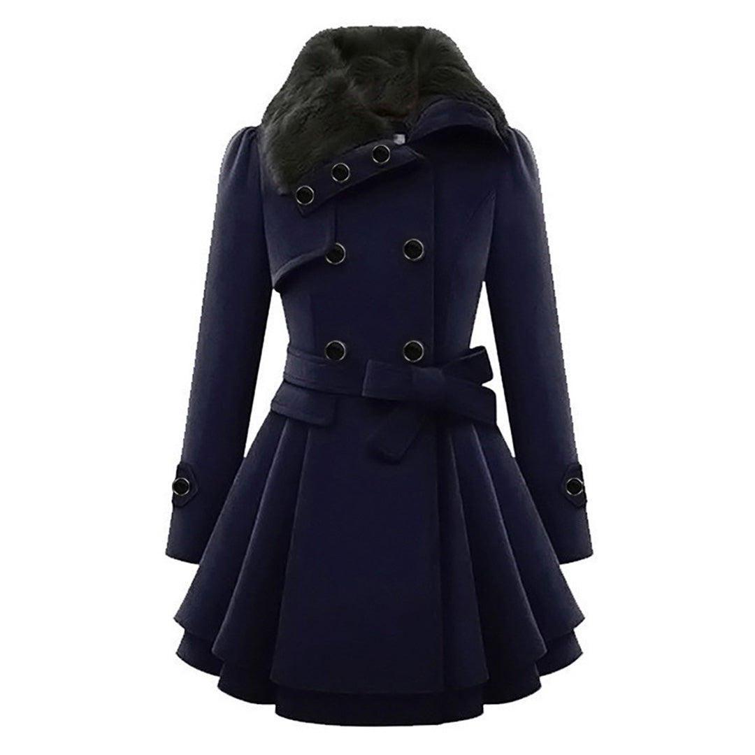 Fashionable women's long outerwear coat with a luxurious fur collar, perfect for layering.