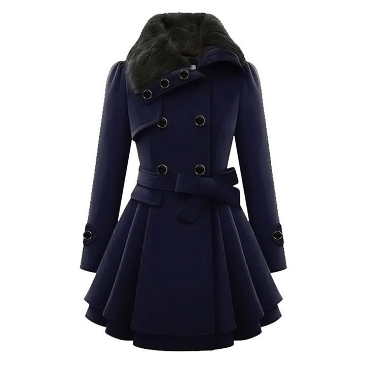 Fashionable women's long outerwear coat with a luxurious fur collar, perfect for layering.