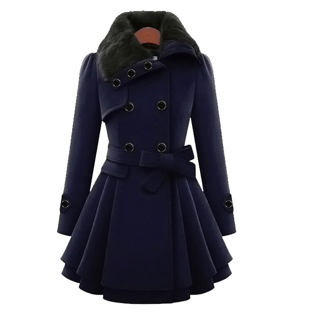 Tailored women's long coat, perfect versatile winter outerwear with a stylish fur collar.