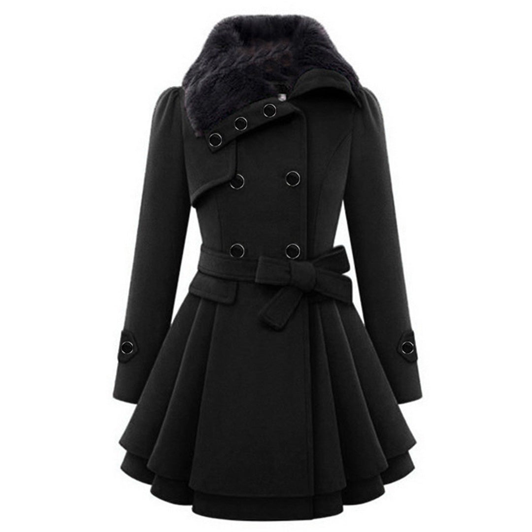Sophisticated women's long coat with a tailored silhouette and a luxurious fur collar.