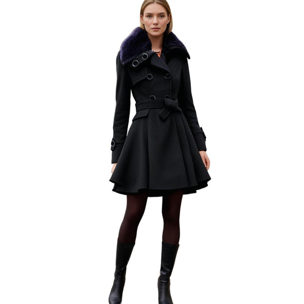 Long women's tailored coat, a fashionable winter jacket featuring a stylish fur collar.