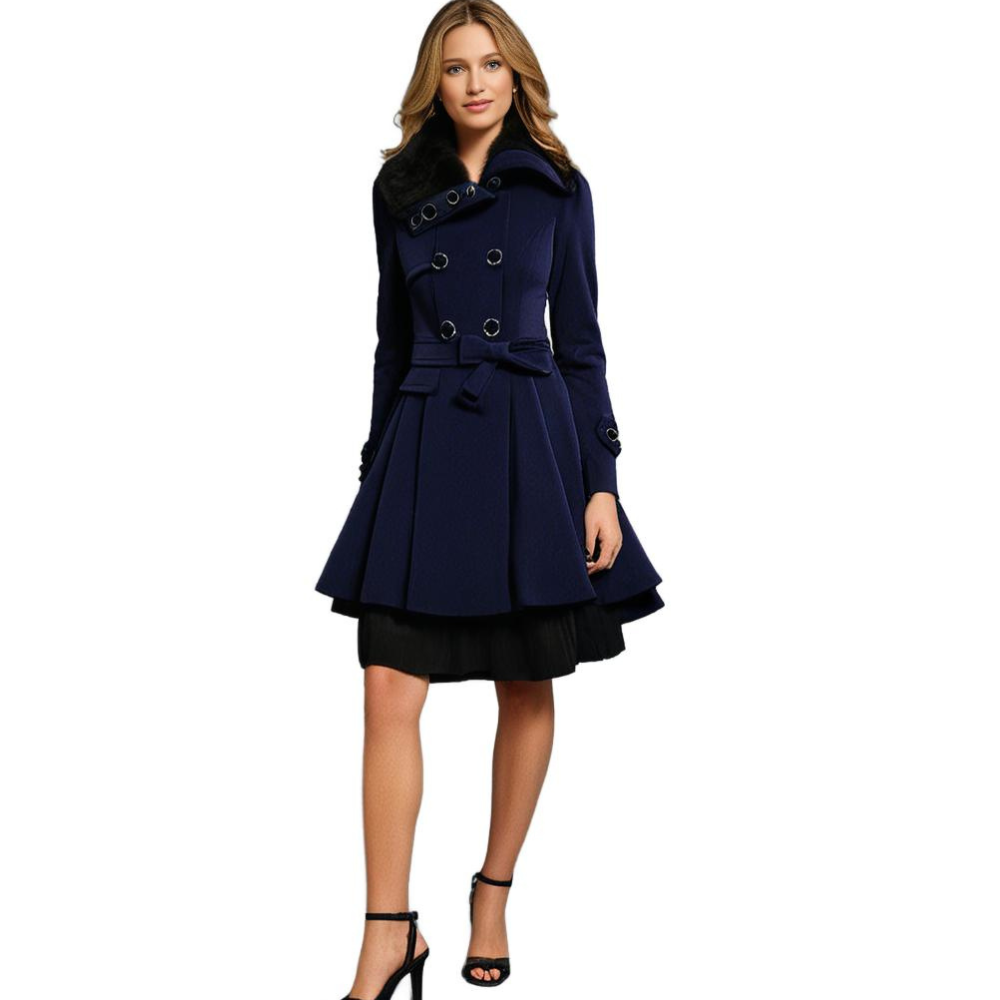 Chic plus size women's long coat with a tailored fit and a beautiful fur collar.