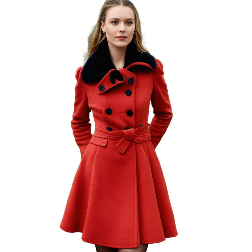 Women's elegant long coat with a soft fur collar, perfect for cold weather fashion.