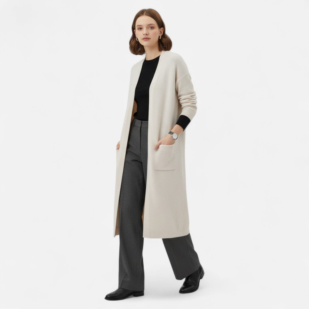 Elegant women's longline open front cardigan coat with pockets, perfect outerwear for comfort.