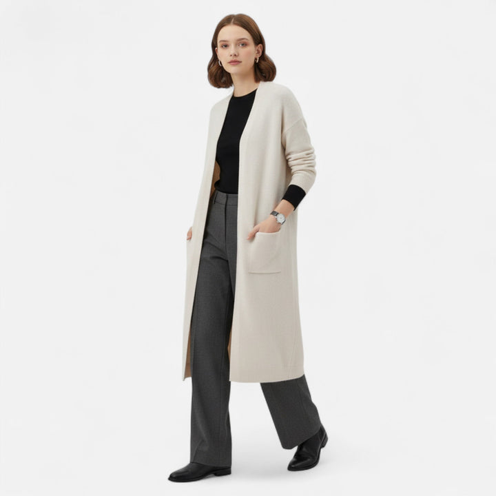 Elegant women's longline open front cardigan coat with pockets, perfect outerwear for comfort.
