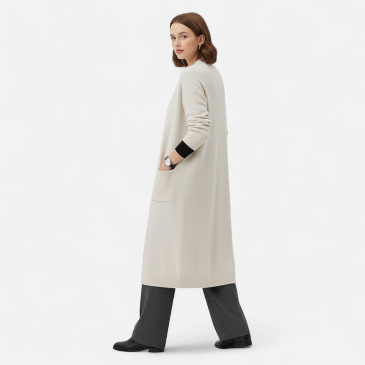 Casual women's longline open front cardigan coat, ideal for everyday layering & comfortable wear.