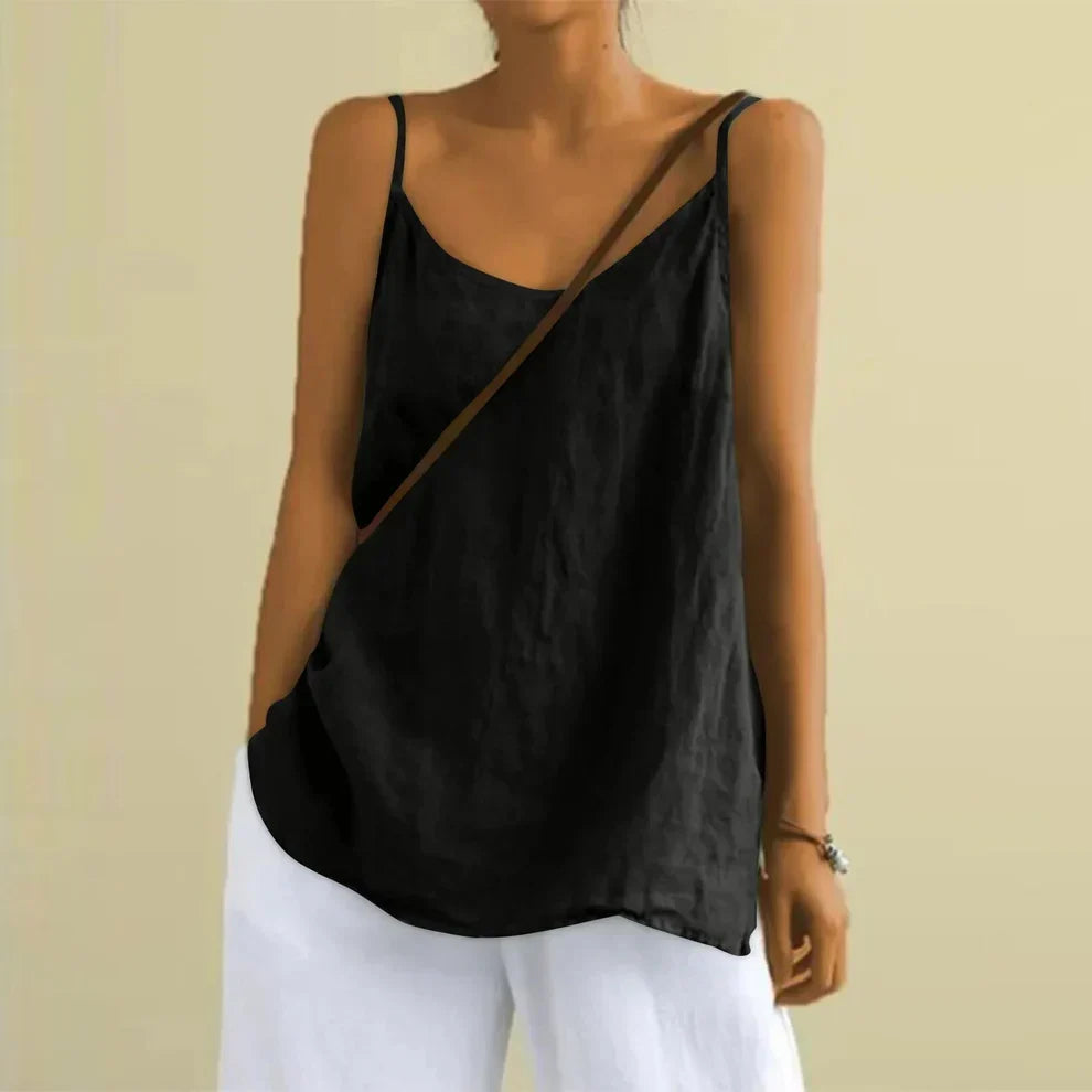 Effortless women's cami top for summer. Loose fit sleeveless tank blouse, ideal casual wear for vacation & beach.