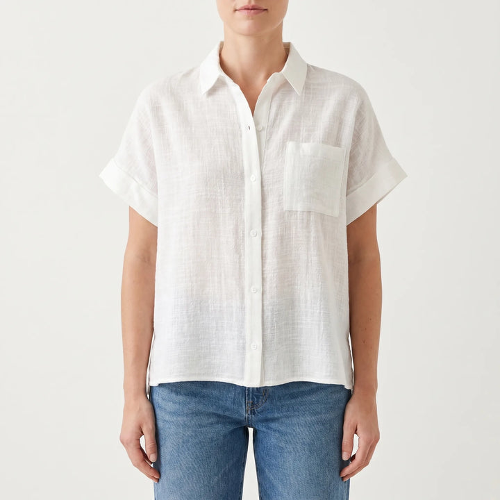 Versatile women's loose fit button-down shirt with short sleeves, a must-have casual top.