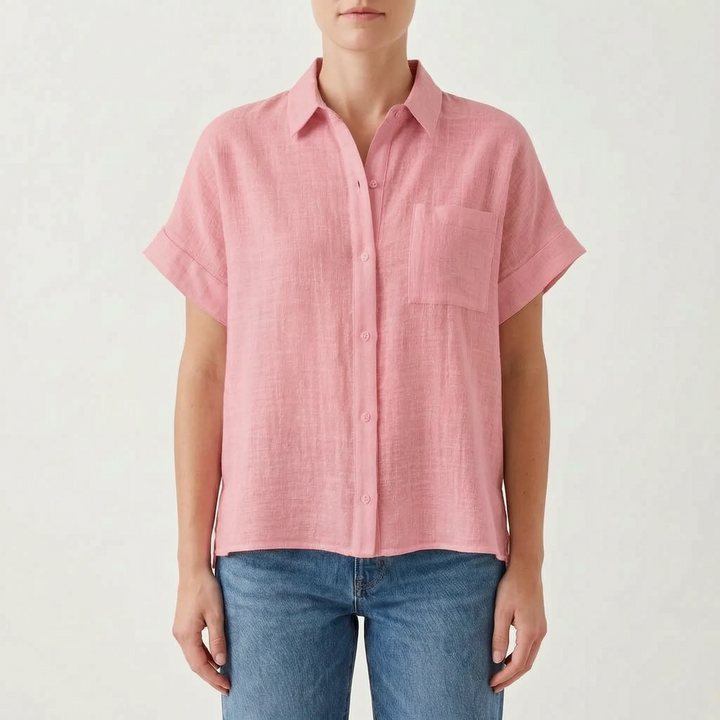 Women's casual loose fit short-sleeve button-down shirt, great for versatile summer fashion.