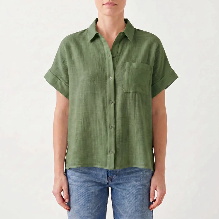 Everyday women's short-sleeve button-down shirt, loose fit and collared, a chic summer top.