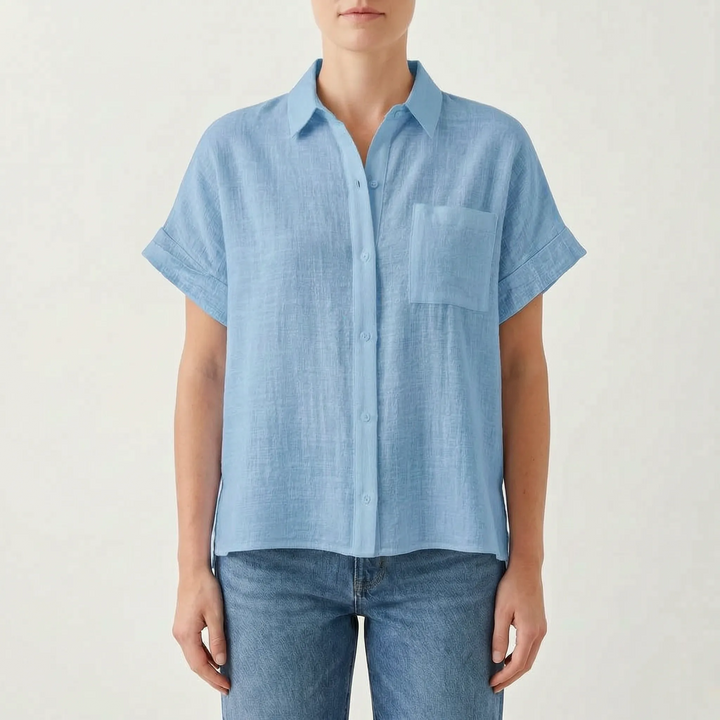 Comfortable women's loose fit short-sleeve button-down shirt, perfect for summer casual fashion.