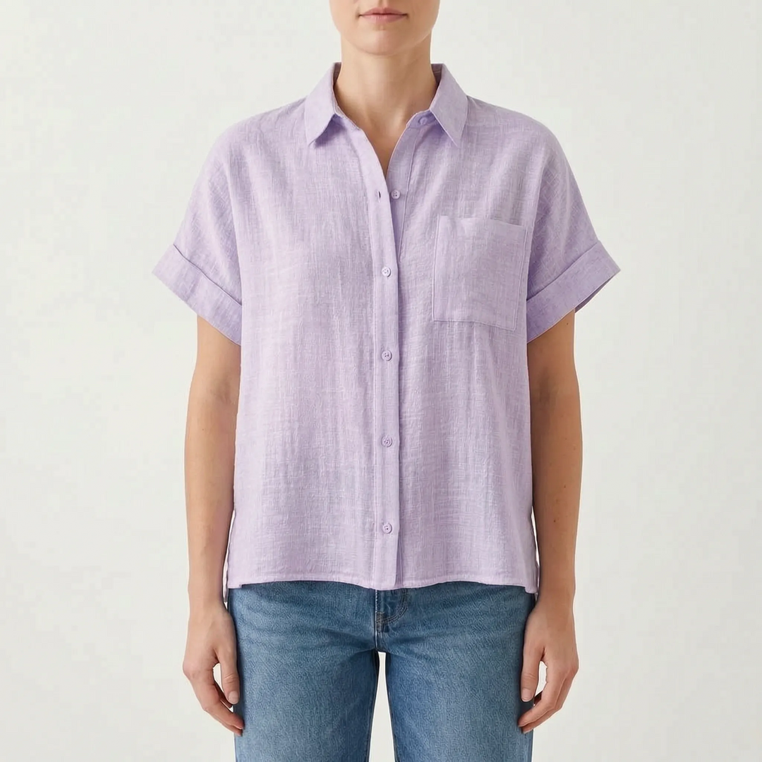 Chic women's loose fit short-sleeve button-down shirt, a versatile and trendy summer casual top.