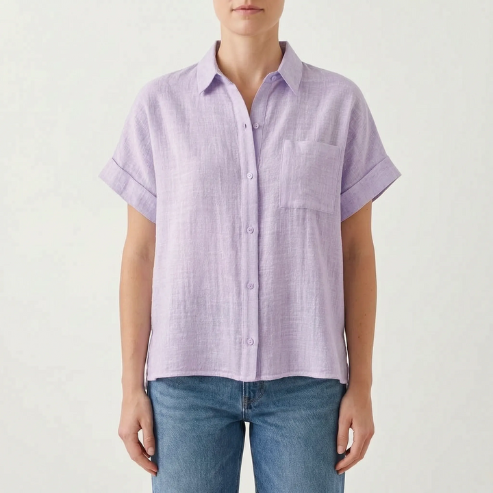 Chic women's loose fit short-sleeve button-down shirt, a versatile and trendy summer casual top.