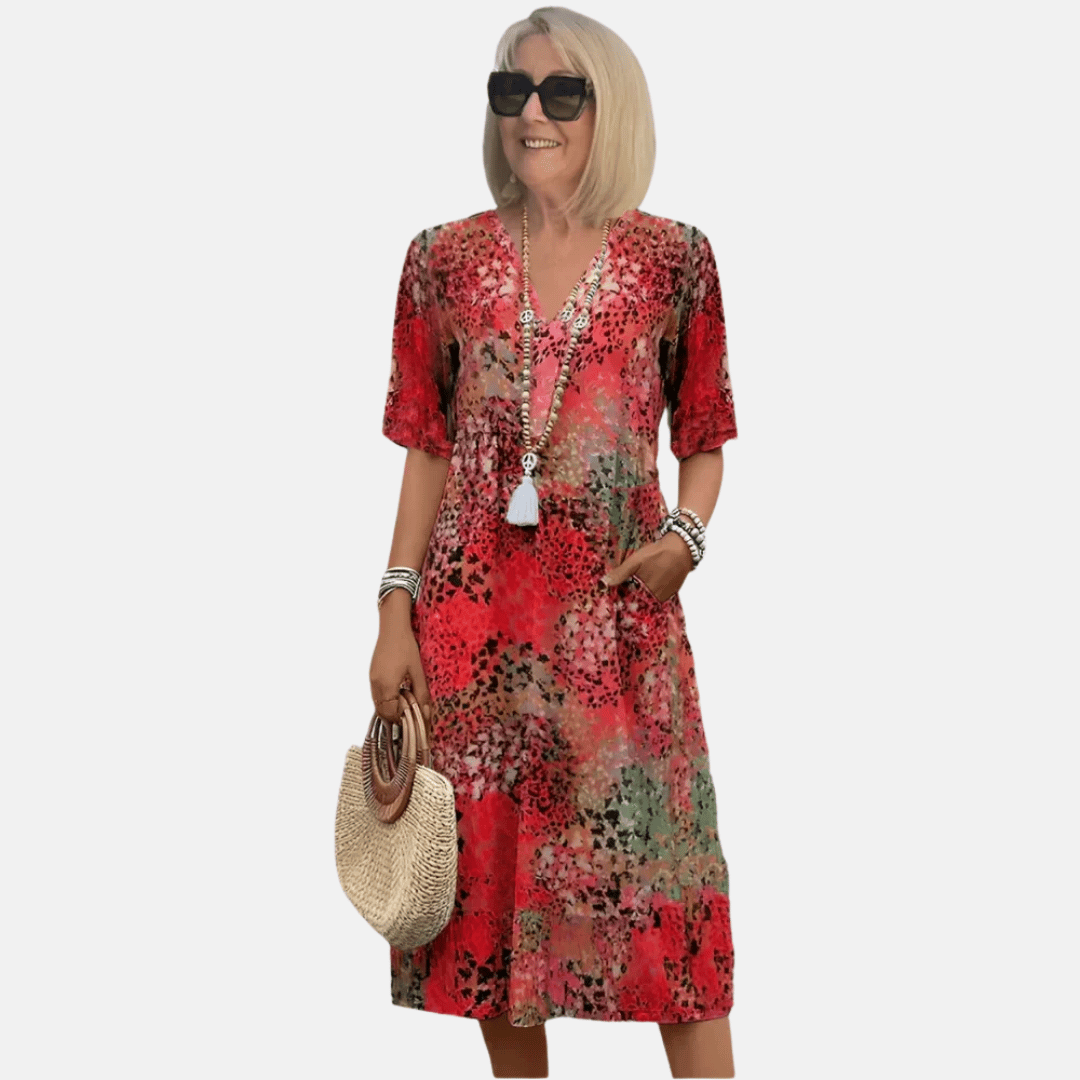 Printed V-neck women's loose fit summer dress, A-line silhouette, short sleeves, a perfect knee-length casual sundress.