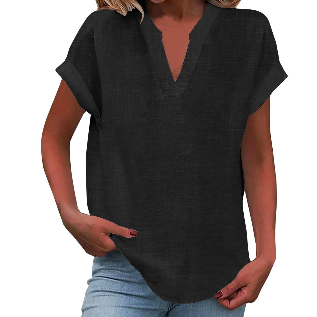 Casual & comfortable women's loose fit V-neck blouse, essential short sleeve top for relaxed summer fashion.