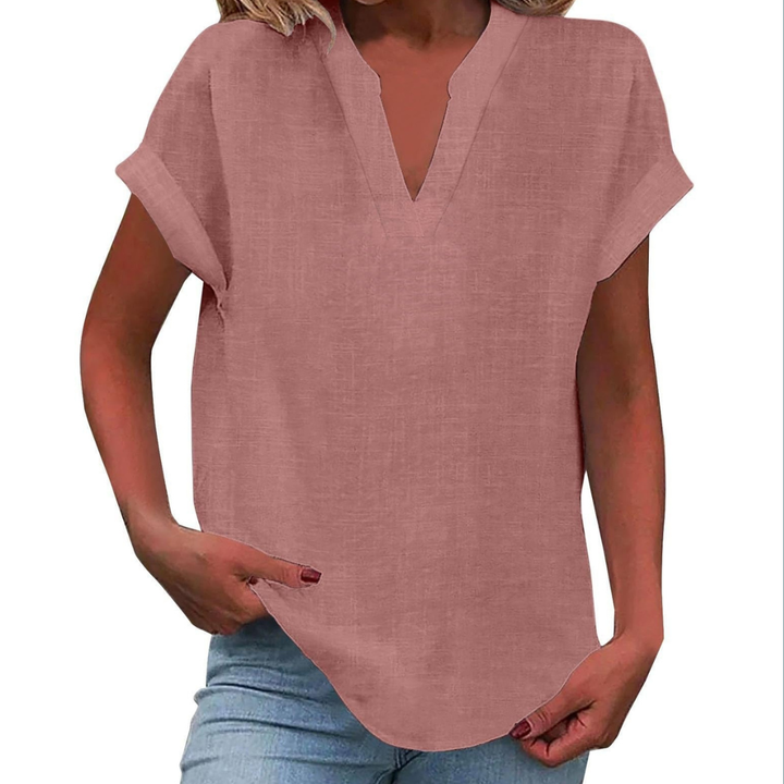 Stylish women's short sleeve V-neck blouse, versatile loose fit top for summer fashion & everyday comfort.