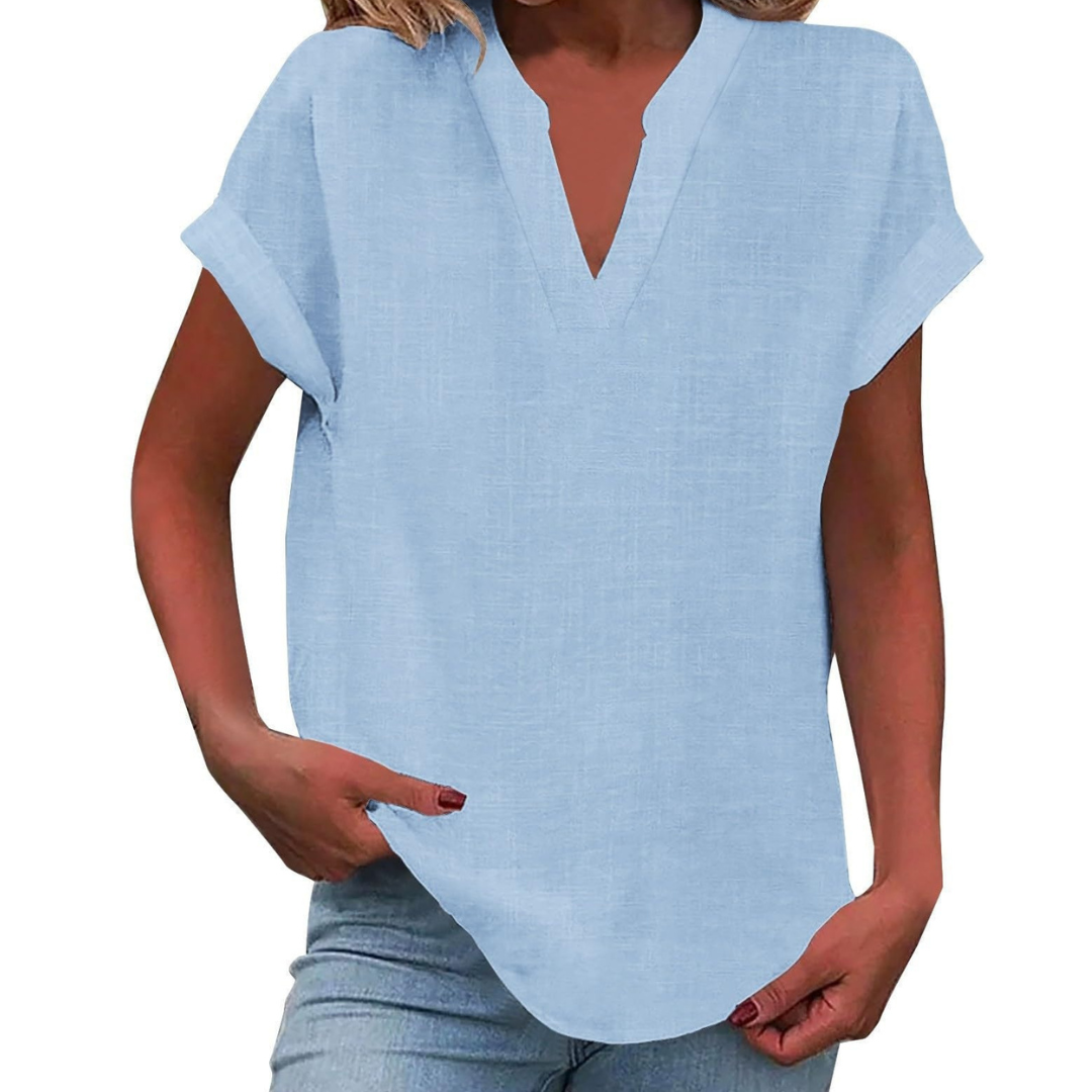 Comfortable women's V-neck blouse with a loose fit, ideal short sleeve top for effortless casual summer wear.