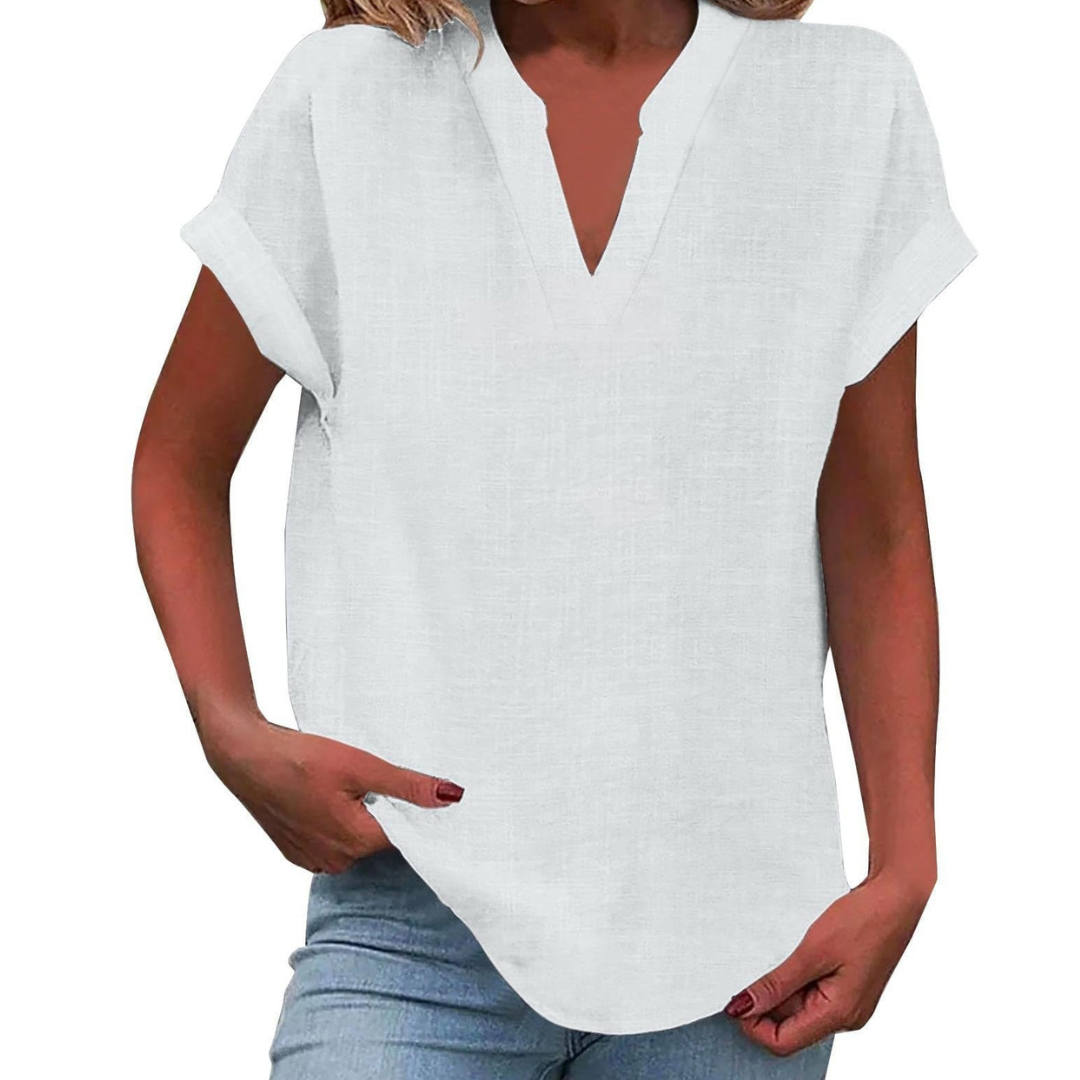 Effortless women's V-neck blouse with a loose fit, perfect comfortable & casual short sleeve top for summer.