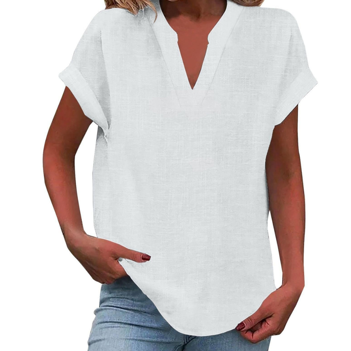 Effortless women's V-neck blouse with a loose fit, perfect comfortable & casual short sleeve top for summer.
