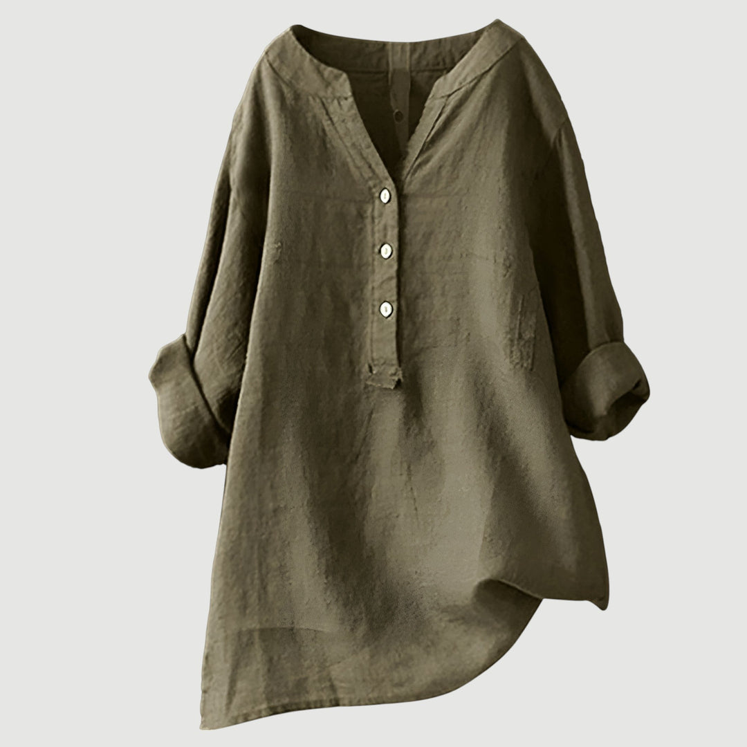 Summer fashion women's loose fit blouse, comfortable and versatile with a V-neck and button-up front.