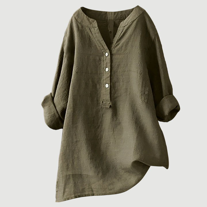 Summer fashion women's loose fit blouse, comfortable and versatile with a V-neck and button-up front.