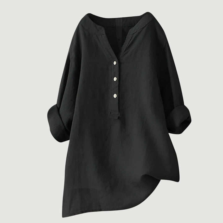 Casual elegant V-neck women's top, a breathable loose fit blouse for versatile spring/summer fashion.